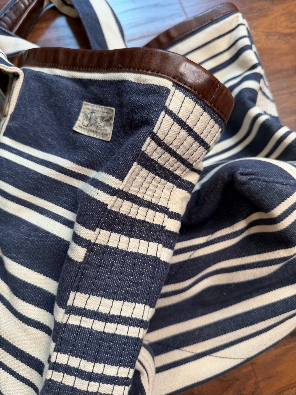 Polo Ralph Lauren Indigo Striped Cotton Canvas Leather Tote Bag Stripe Nautical